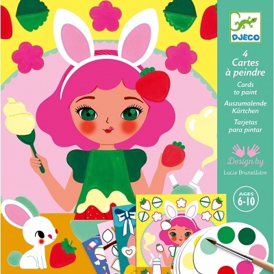 Caixa de jogo para pintar com cartões, pincel, e tinta, desenho de menina com cabelo rosa e coelho branco
