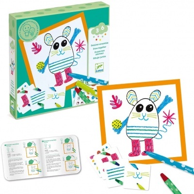 Jogo educativo Djeco para crianças com fichas de montagem de personagens e canetas coloridas