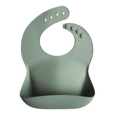 Babete de silicone verde com fecho de botões e bolso recolhedor