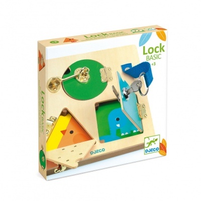 Brinquedo pedagógico de madeira com portas e fechaduras coloridas numa caixa