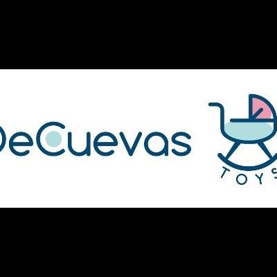 Logótipo DeCuevas com texto e carrinho de bebé azul e rosa contendo a palavra TOYS.