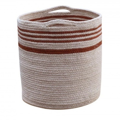 Cesto tecido redondo bege e castanho com riscas e pegas