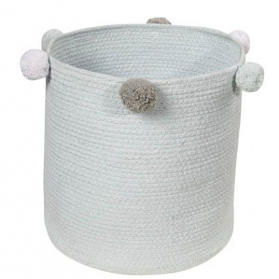 Cesto de tecido cinzento claro com pompons coloridos