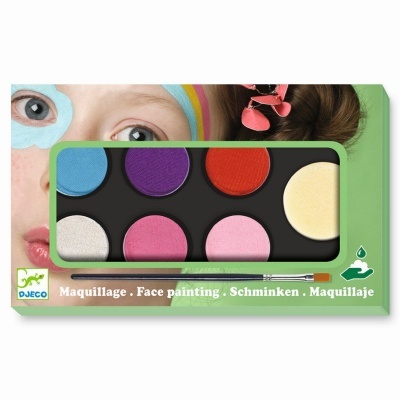 Paleta de maquilhagem para pintura facial com seis cores e pincel numa caixa verde