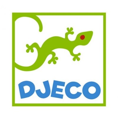 Logótipo da marca Djeco com lagarto verde e texto azul