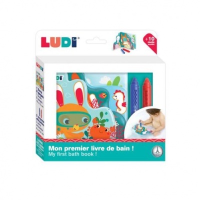 Livro de banho LUDI colorido para bebés com marcador azul e vermelho na embalagem branca.