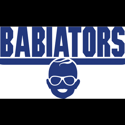 Logótipo azul da marca BABIATORS com asas e rosto sorridente com óculos
