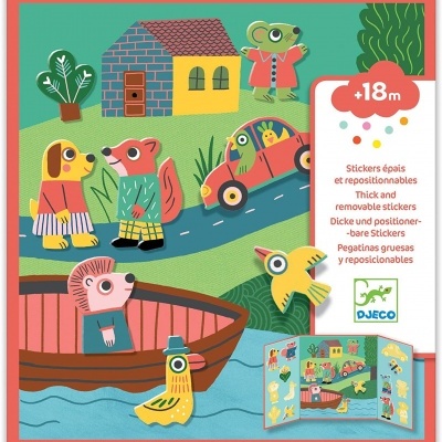 Conjunto de stickers grossos e reposicionáveis DJECO com animais, casa e veículo em cenário ao ar livre