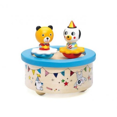 Caixa de música infantil redonda com tampa azul e figuras de animais no topo