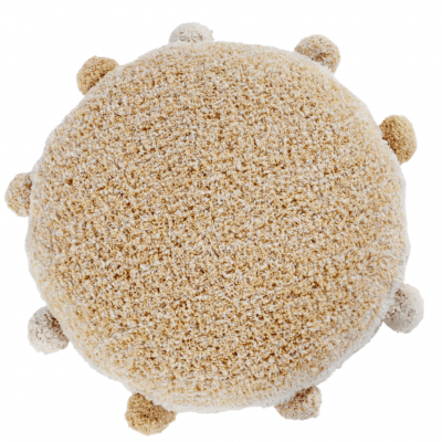 Almofada redonda felpuda bege com pompons ao redor