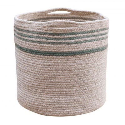 Cesto redondo de corda bege com riscas verdes e alça embutida