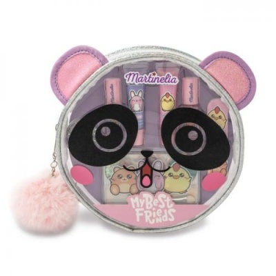 Estojo transparente redondo panda com pompom e maquilhagem