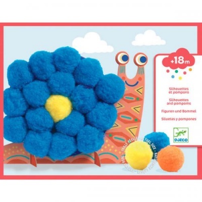 Conjunto de pompons de lã azuis e amarelos em embalagem com desenho colorido