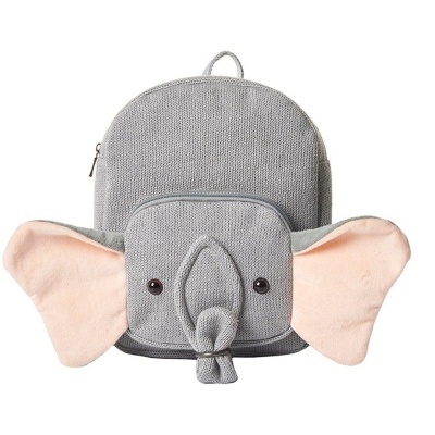 Mochila infantil cinzenta com design de elefante e orelhas cor de rosa
