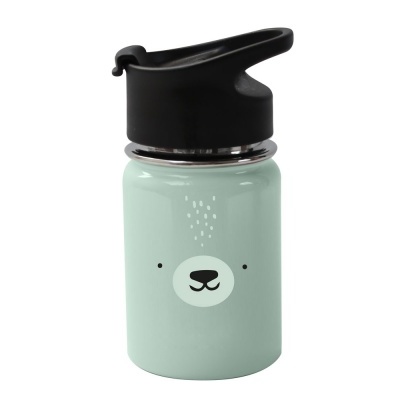 Garrafa térmica pequena verde água com rosto de urso e tampa preta