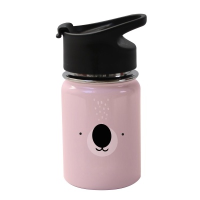 Garrafa de água infantil rosa com desenho de urso e tampa preta