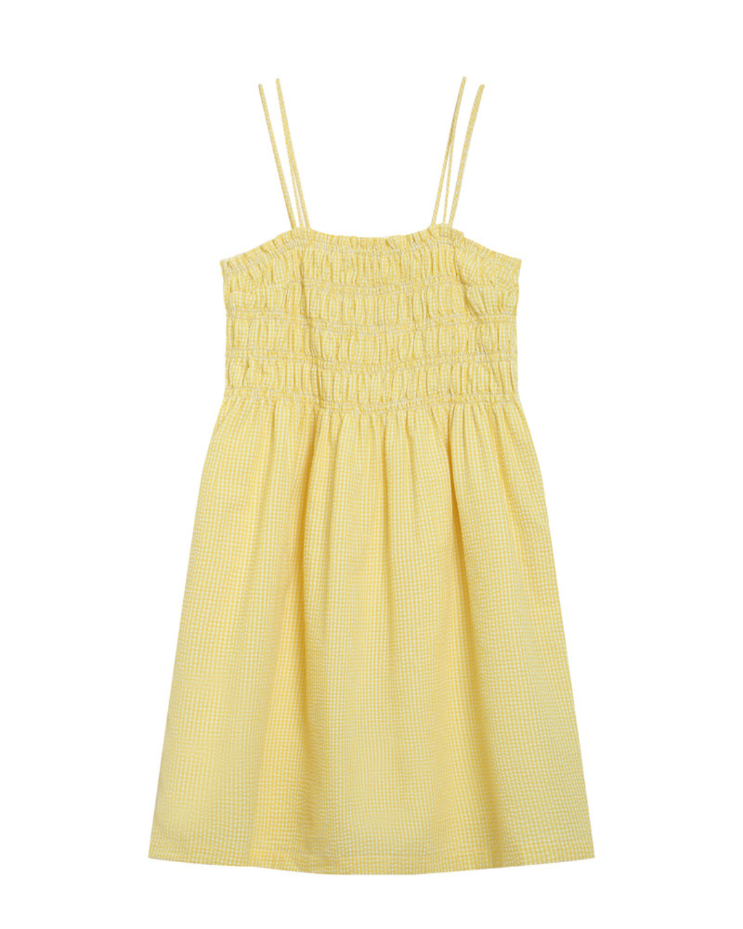 Willa Gingham Dress Vestido amarelo com padrão xadrez pequeno e alças finas duplas