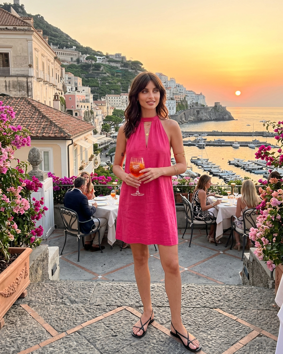 Whola Linen Mini Dress Mulher com vestido rosa segurando copo num terraço com vista para o mar ao pôr do sol.