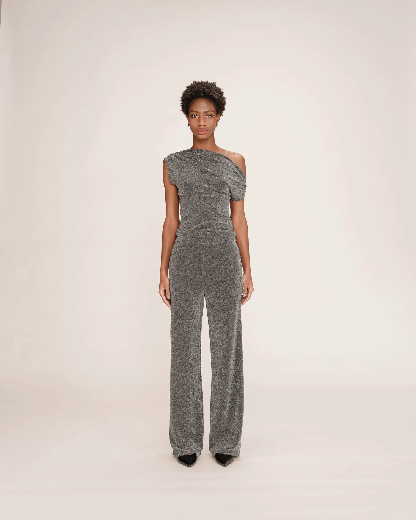 Truth Lurex Wide Trousers Conjunto feminino prateado brilhante de festa com top de um ombro e calças largas