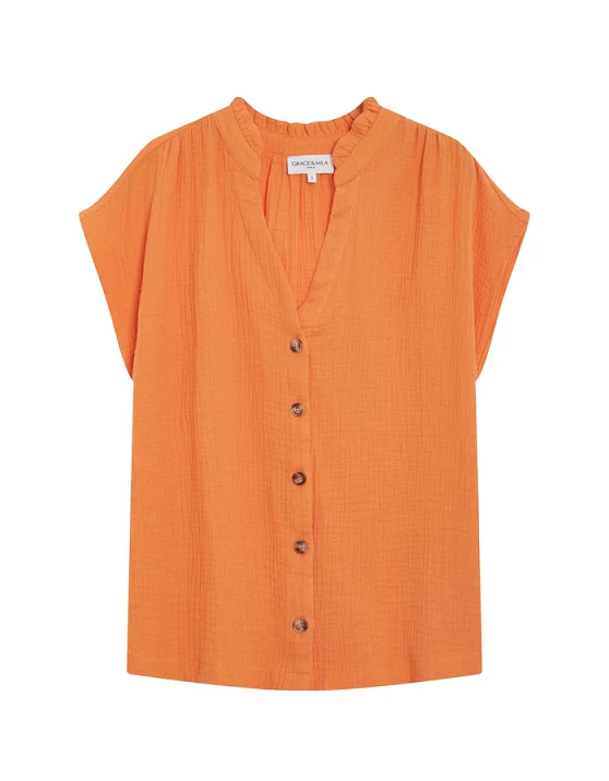 Wesra Cotton Gauze Blouse Blusa laranja com botões e gola com babado