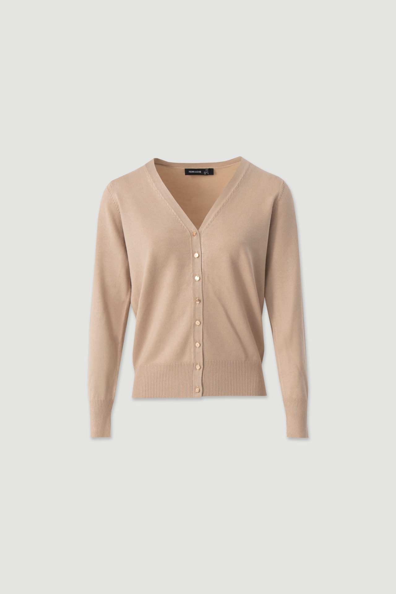 Serena Knit Cardigan Casaco cardigan bege com botões dourados e gola em V