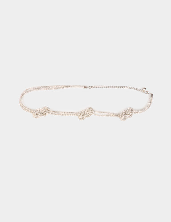 Fila Belt Colar prateado com três nós e fecho ajustável sobre fundo branco