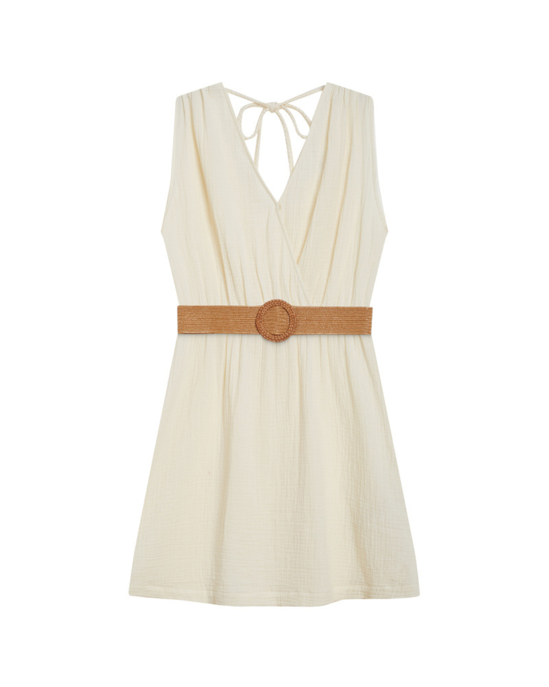 Wrenna Cotton Gauze Dress Vestido curto creme com cinto castanho e laço nas costas