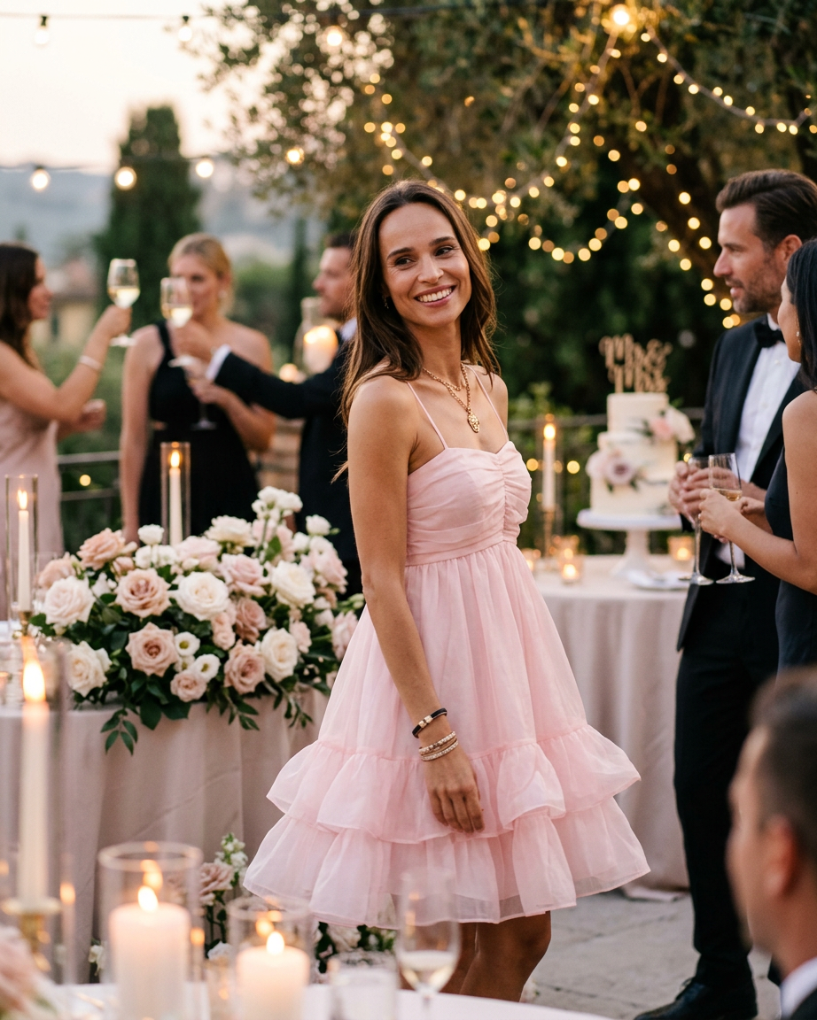 Rakeli Tulle Dress Mulher com vestido rosa claro de festa com alças finas, ambiente exterior decorado com flores e velas