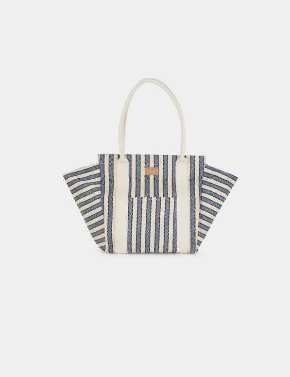 Tiya Tote Bag Mala de mão às riscas azul e bege com alças em bege