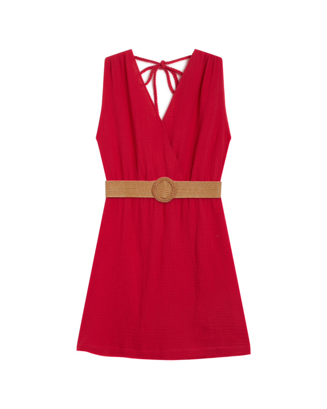 Wrenna Cotton Gauze Dress Vestido curto vermelho com cinto bege e amarração atrás