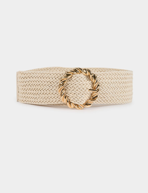 Braided Leather Belt Cinto largo bege trançado com fivela redonda dourada