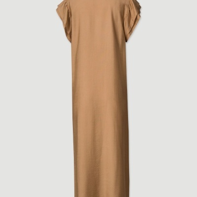 Vestido longo castanho claro com mangas curtas franzidas