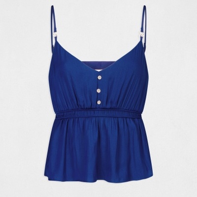 Top feminino azul com botões brancos e alças finas ajustáveis