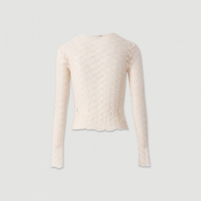 Camisola creme de malha fina com padrão texturizado e bainhas onduladas