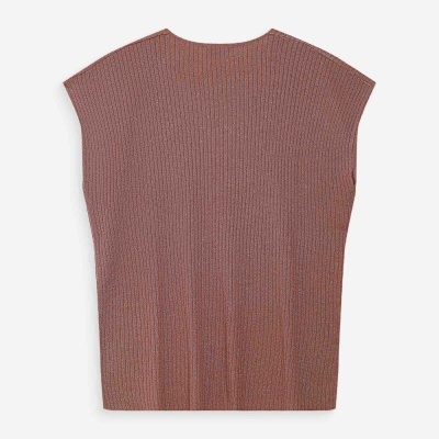Camisola castanha sem mangas com padrão de riscas verticais em tecido de malha