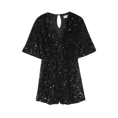 Macacão preto de lantejoulas com manga curta