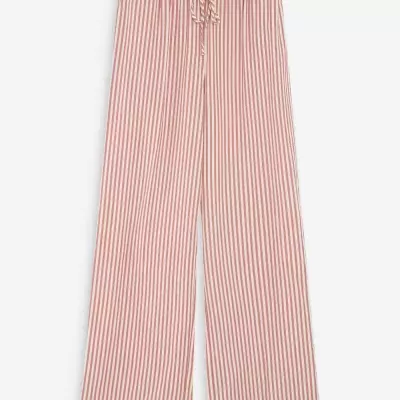 Calças compridas listradas em branco e vermelho com cordão na cintura