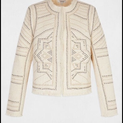 Casaco de malha creme com padrão geométrico castanho