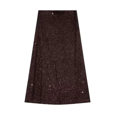 Saia midi castanha escura brilhante com textura de lantejoulas