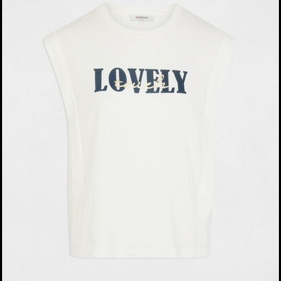 T-shirt branca sem mangas com estampa LOVELY azul com detalhes florais