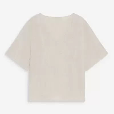 blusa bege de manga curta com gola redonda larga