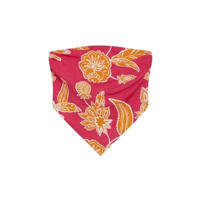 Pano triangular vermelho com padrão floral amarelo
