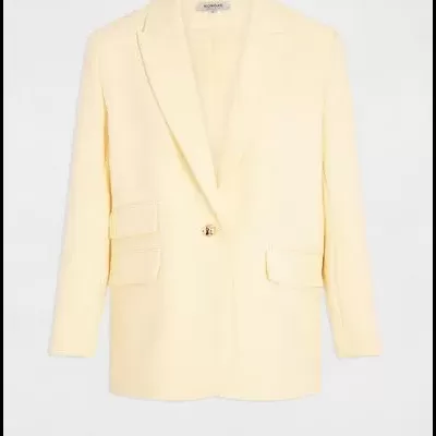 Blazer amarelo claro com bolso de aba e botão dourado