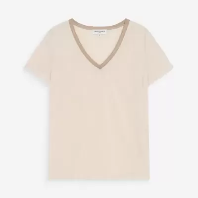 T-shirt feminina bege clara Grace & Mila com decote em V e acabamento castanho