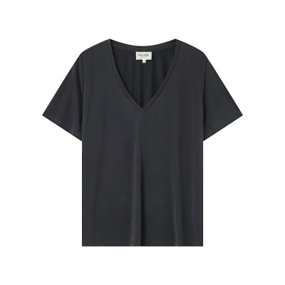 T-shirt preta de manga curta com decote em V e etiqueta MYSHORTHAND