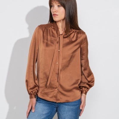 Blusa de cetim castanha com botões dourados e mangas compridas