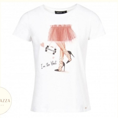 T-shirt branca com estampado de pernas femininas e texto 'I'm the Best'