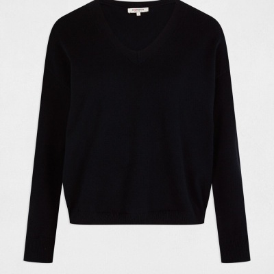 Camisola de malha preta com gola em V e mangas compridas