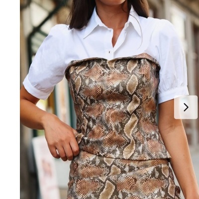 Mulher usando camisa branca com colete e saia de padrão pele de cobra outdoors.