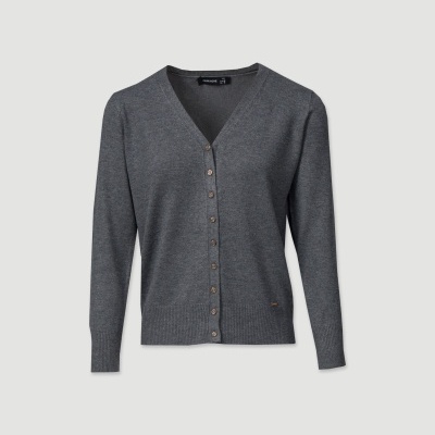 Casaco de malha cinzento escuro com botões e gola em V